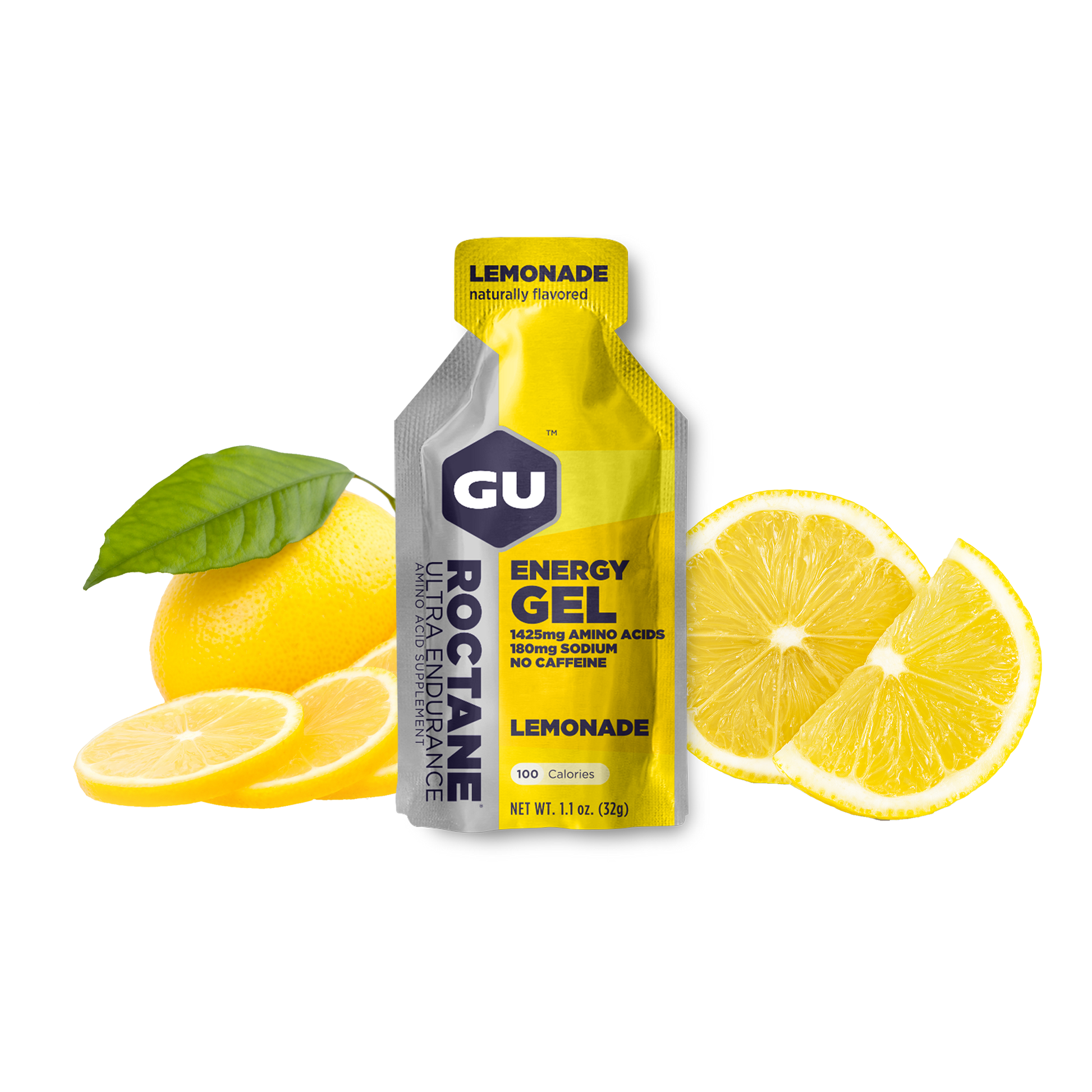 A packet of GU Roctane Energy Gel with lemonade flavor, accompanied by sliced lemons and a whole lemon on a white background.