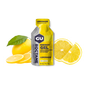 A packet of GU Roctane Energy Gel with lemonade flavor, accompanied by sliced lemons and a whole lemon on a white background.