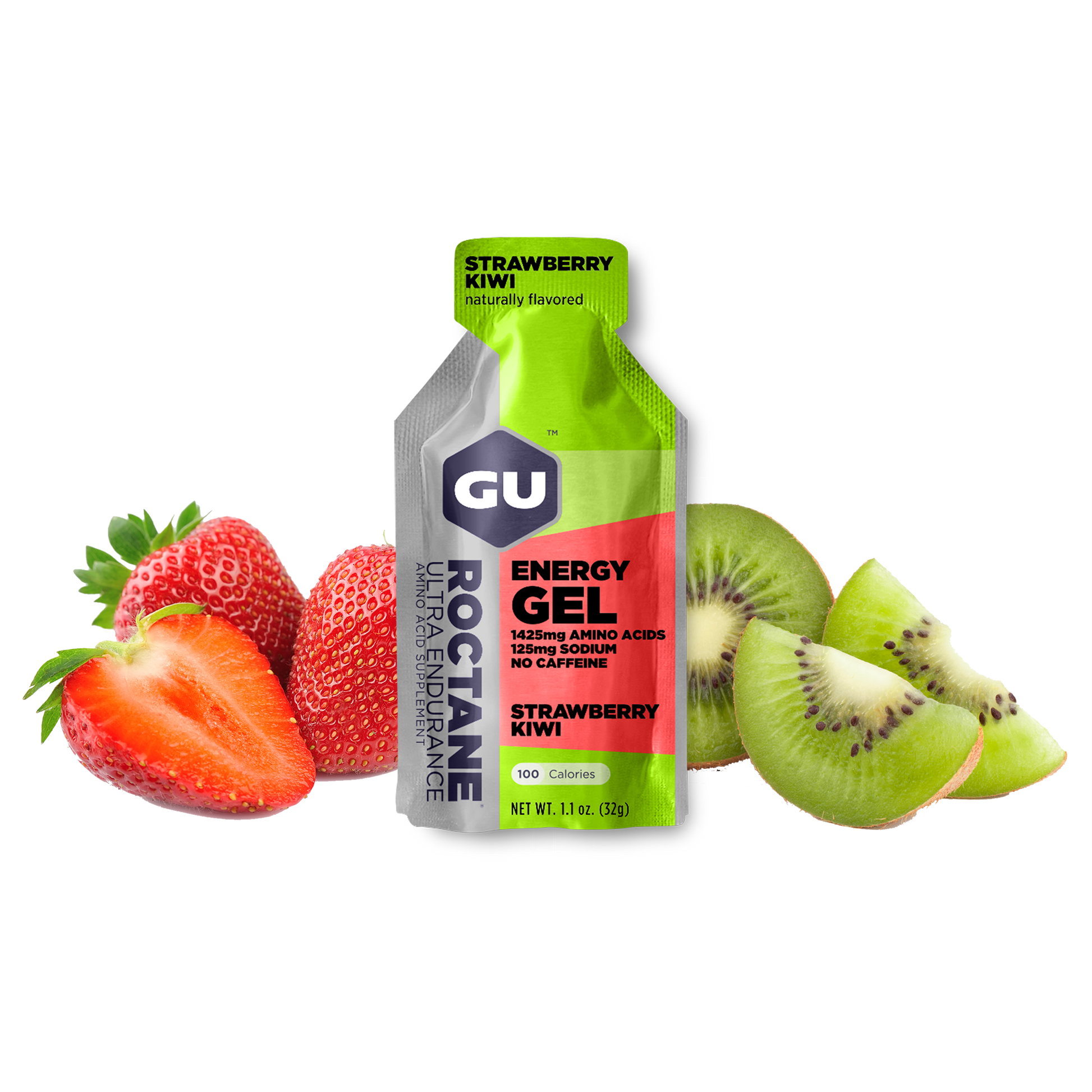 A packet of GU Roctane Energy Gel with Strawberry Kiwi flavor, accompanied by strawberries and kiwis on a white background.