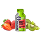 A packet of GU Roctane Energy Gel with Strawberry Kiwi flavor, accompanied by strawberries and kiwis on a white background.