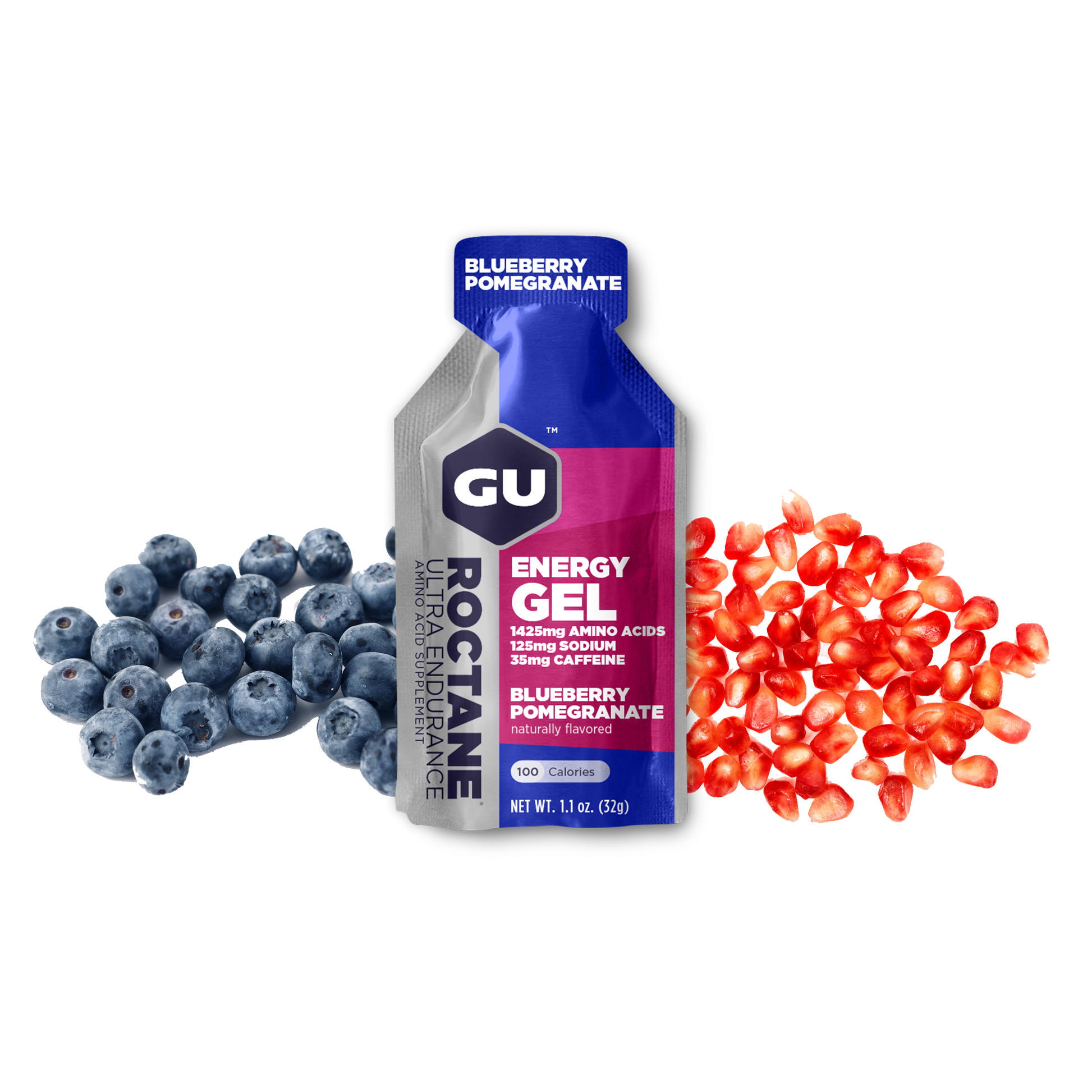 A packet of GU Roctane Energy Gel with blueberries and pomegranate depicted around it.