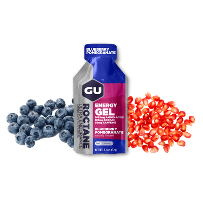 A packet of GU Roctane Energy Gel with blueberries and pomegranate depicted around it.