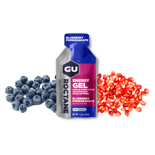 A packet of GU Roctane Energy Gel with blueberries and pomegranate depicted around it.