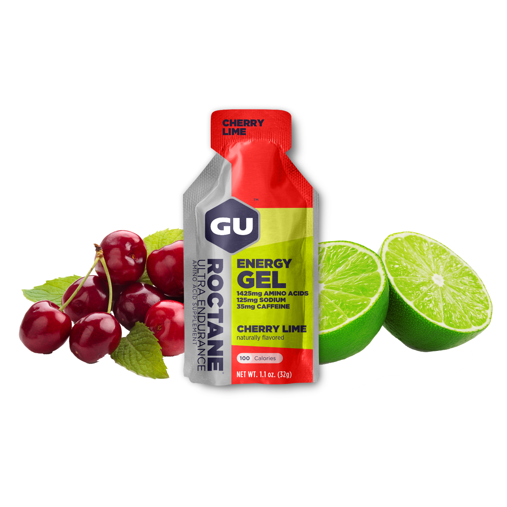 A packet of GU Roctane Energy Gel with cherries and limes depicted around it.