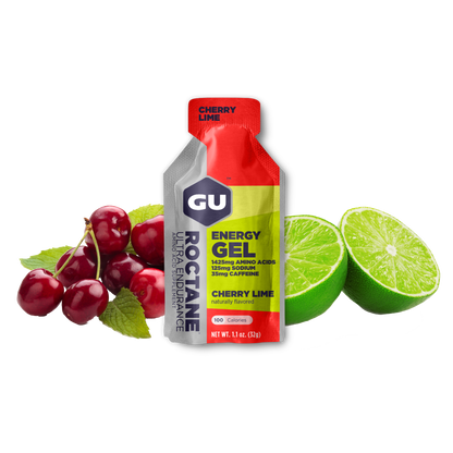 A packet of GU Roctane Energy Gel with cherries and limes depicted around it.