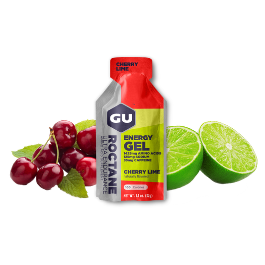 A packet of GU Roctane Energy Gel with cherries and limes depicted around it.