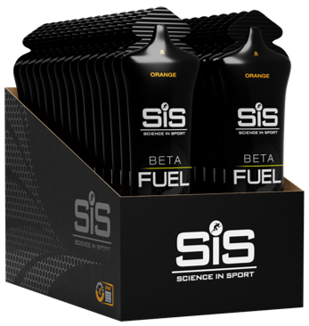Display of SIS Science in Sport Beta Fuel packets on a black stand.