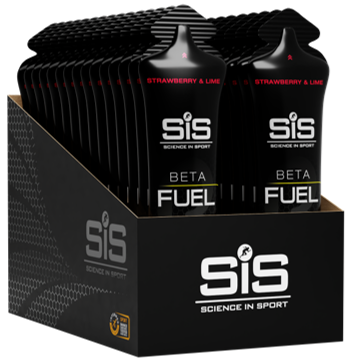 Display of Science in Sport Beta Fuel packets on a black stand.