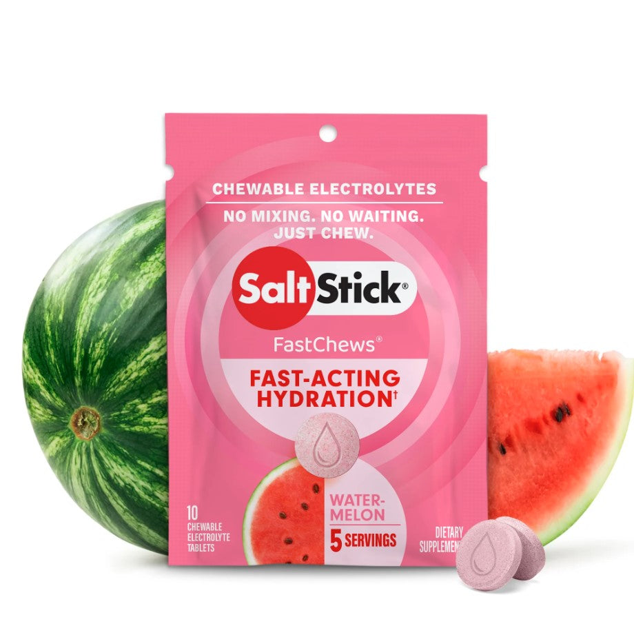 A packet of SaltStick FastChews with watermelon flavor, featuring the product's name and benefits, surrounded by images of watermelon slices.