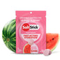 A packet of SaltStick FastChews with watermelon flavor, featuring the product's name and benefits, surrounded by images of watermelon slices.