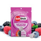 A packet of SaltStick FastChews with mixed berry flavor, featuring the product's name and benefits, surrounded by images of various berries.