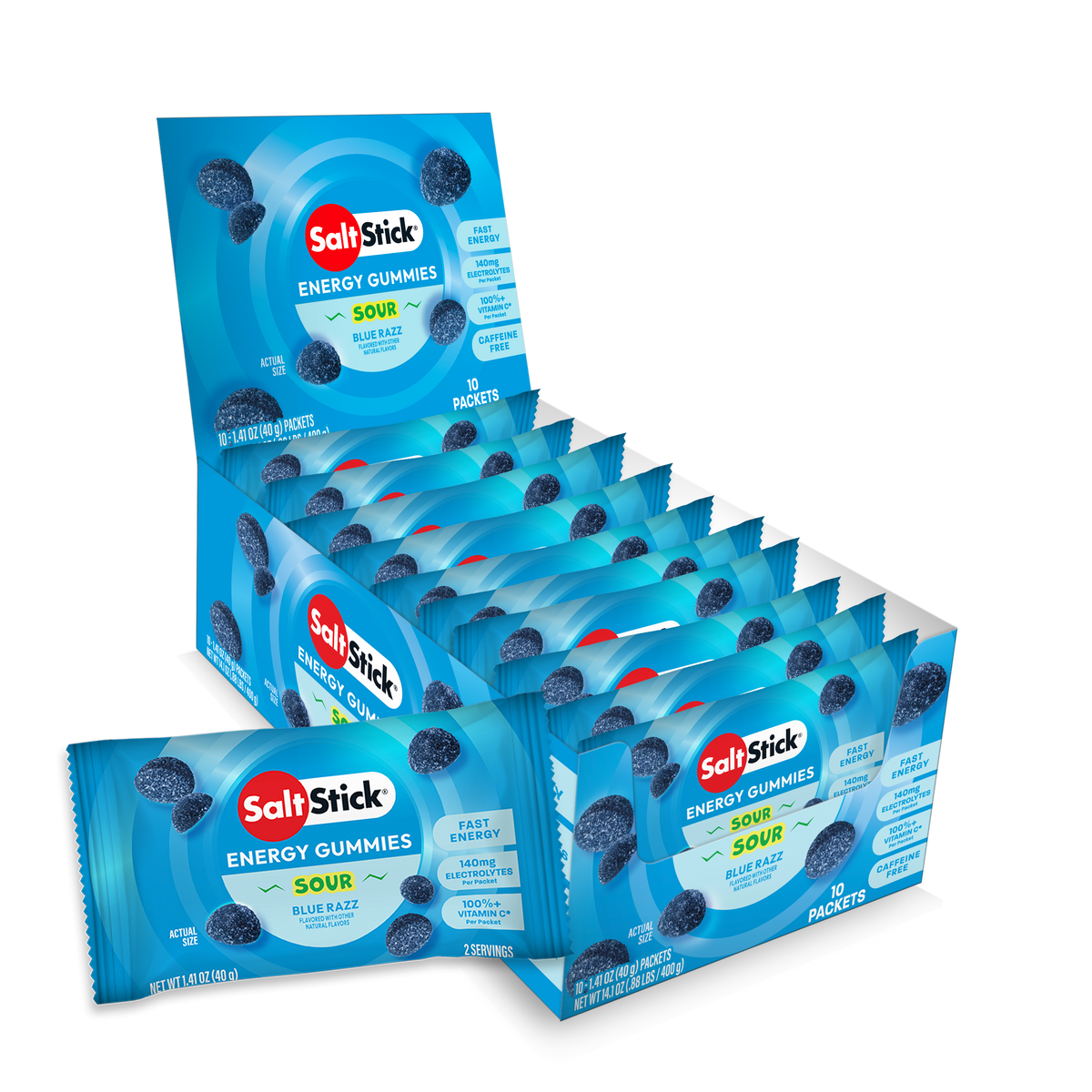 A retail display box and individual packets of SaltsStick Energy Gummies in Sour Blue Razz available at Fuel Kit