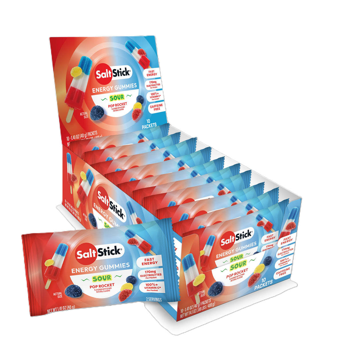 A display box and individual packets of SaltsStick Energy Gummies Sour Pop Rocket flavor, available at Fuel Kit.