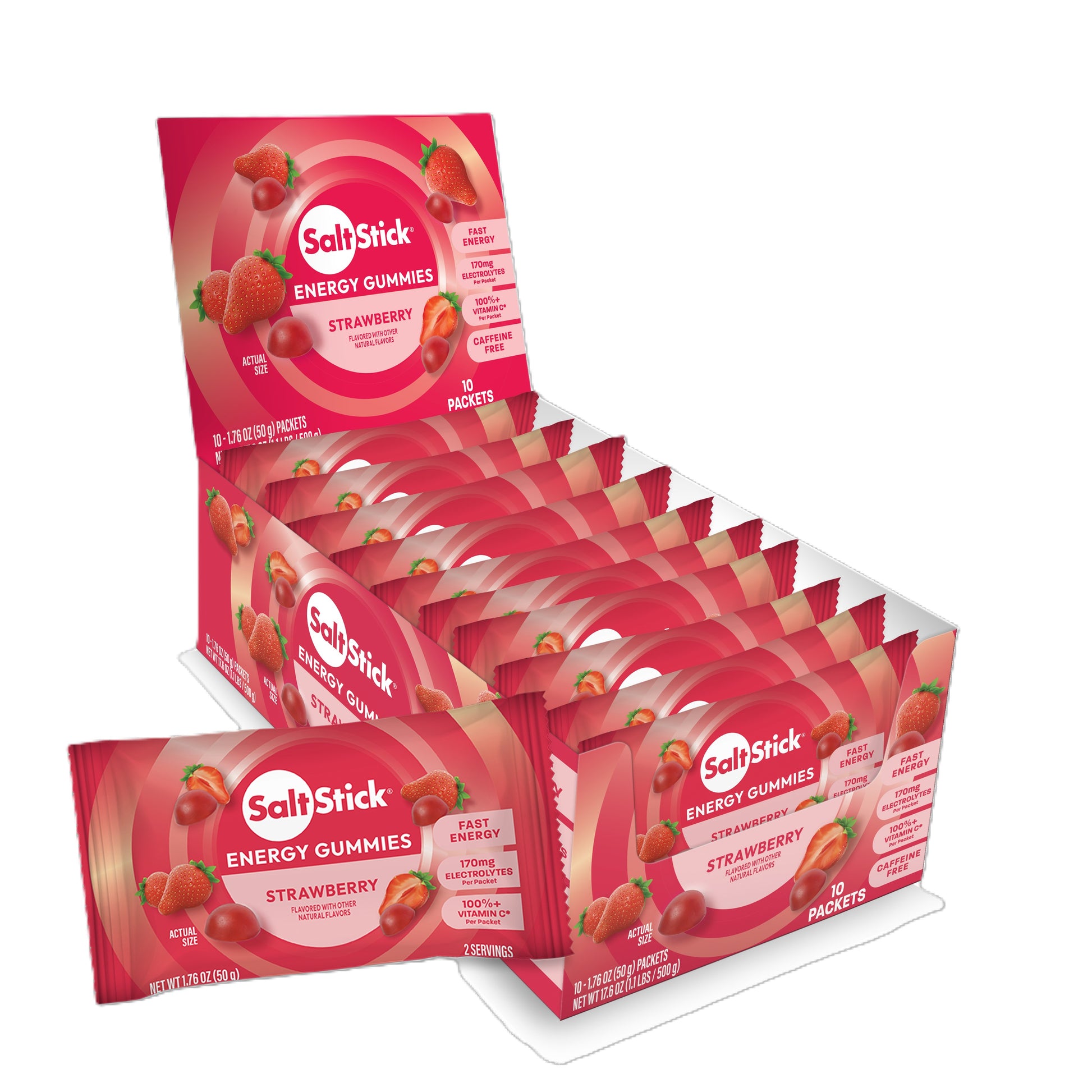 A display box of SaltStick Energy Gummies in Strawberry flavor, available at Fuel Kit