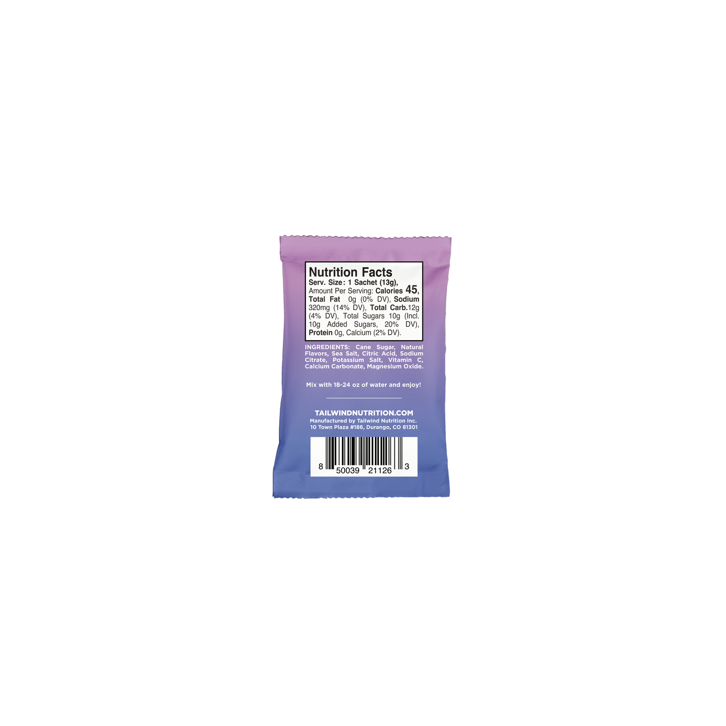Nutrition facts panel of Berry Tailwind Rapid Hydration, showing serving size, calories, and ingredients.