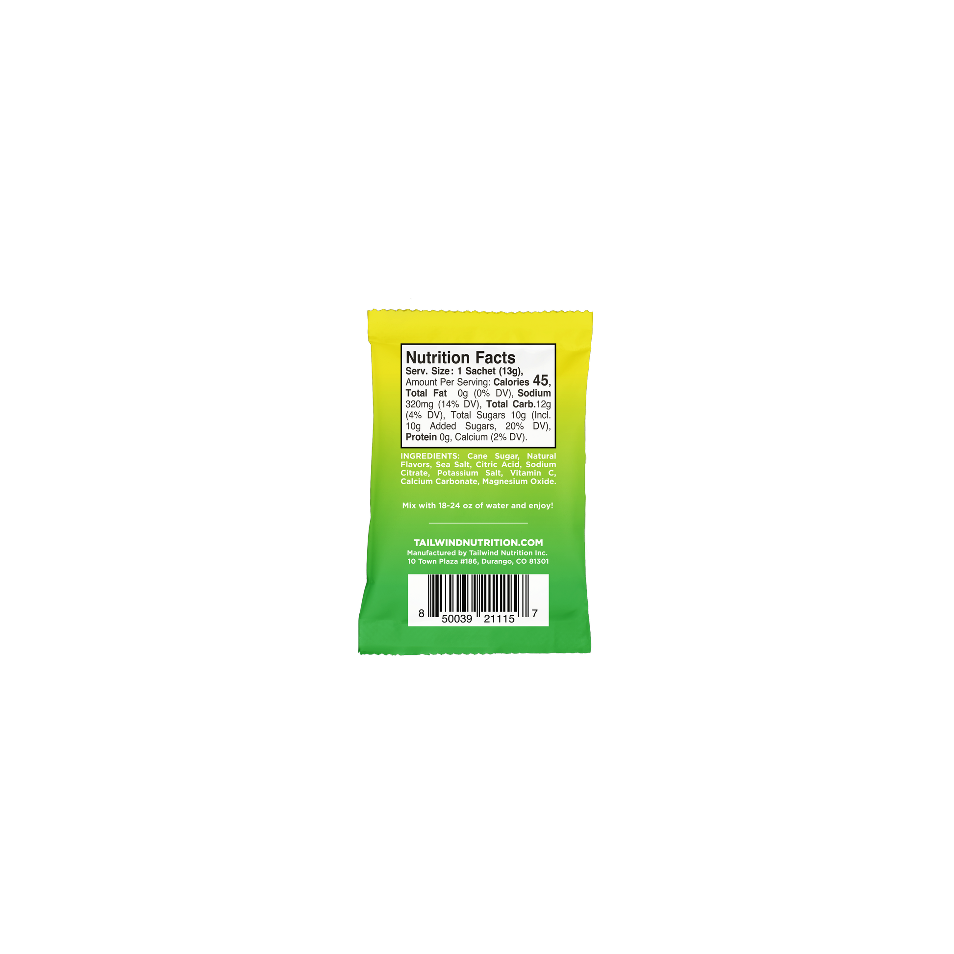 Tailwind Rapid Hydration: Single Serving, Lemon Lime, back of packet- Fuel Kit