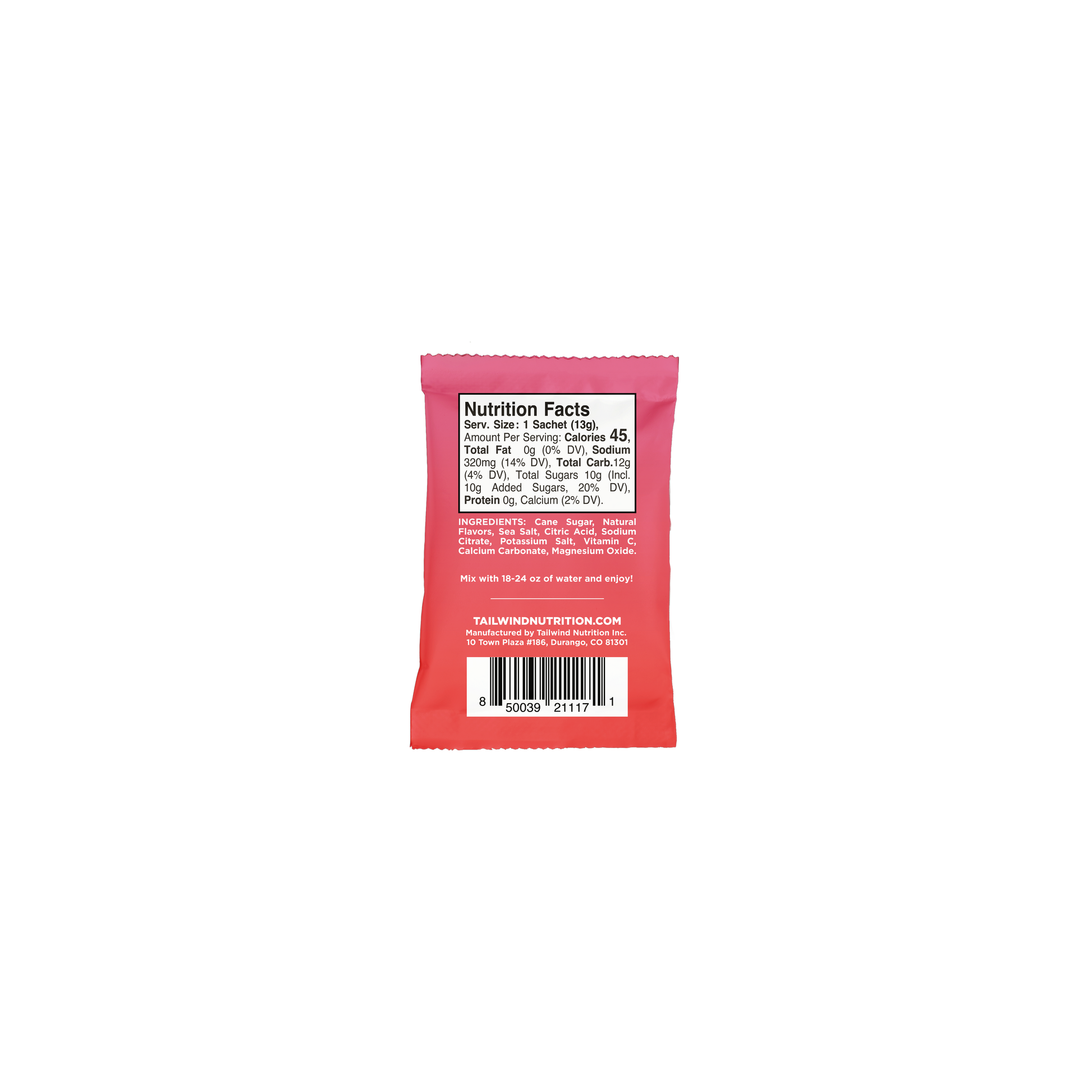 Tailwind Rapid Hydration: Single Serving, Raspberry, back of packet - Fuel Kit