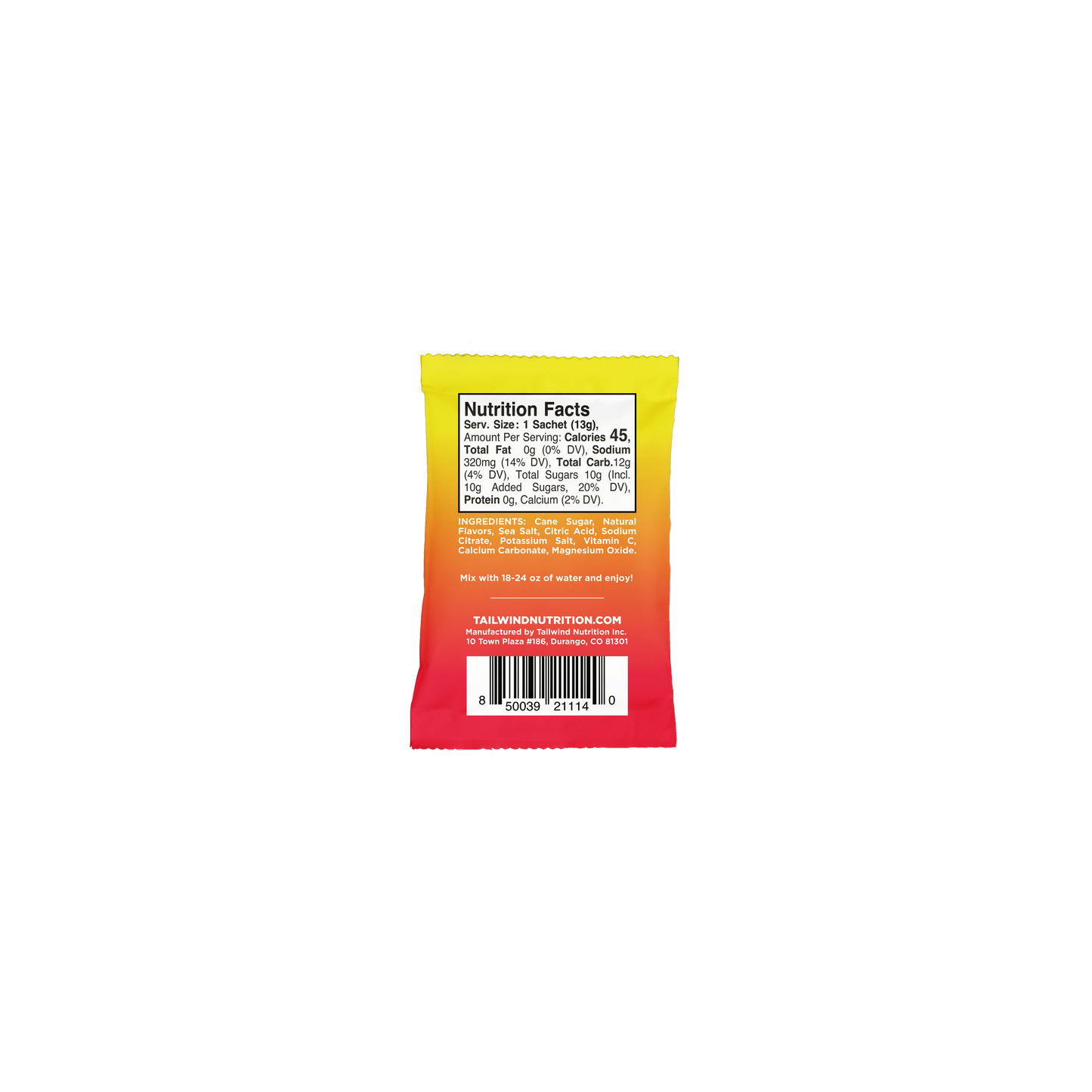 Nutrition facts panel of Strawberry Lemonade Tailwind Rapid Hydration, showing serving size, calories, and ingredients.