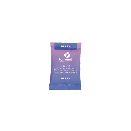 Berry flavored Tailwind Rapid Hydration individual packet on a white background
