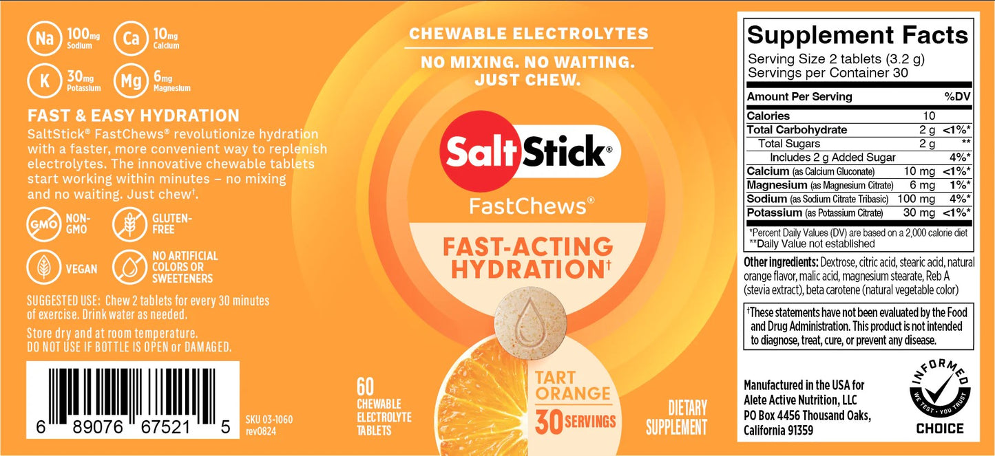 SaltStick FastChews supplement label with orange background and product details.