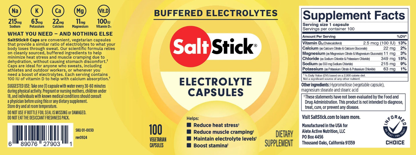 SaltStick electrolyte capsules label with supplement facts on a yellow background