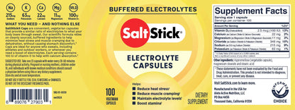 SaltStick electrolyte capsules label with supplement facts on a yellow background