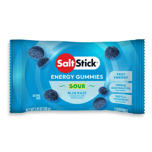 SaltStick Sour Blue Razz Energy Gummies package available at Fuel Kit