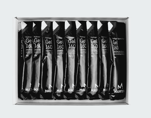 A pack of 10 black and silver packets of Maurten Gel 160, caffeine-free energy gel.