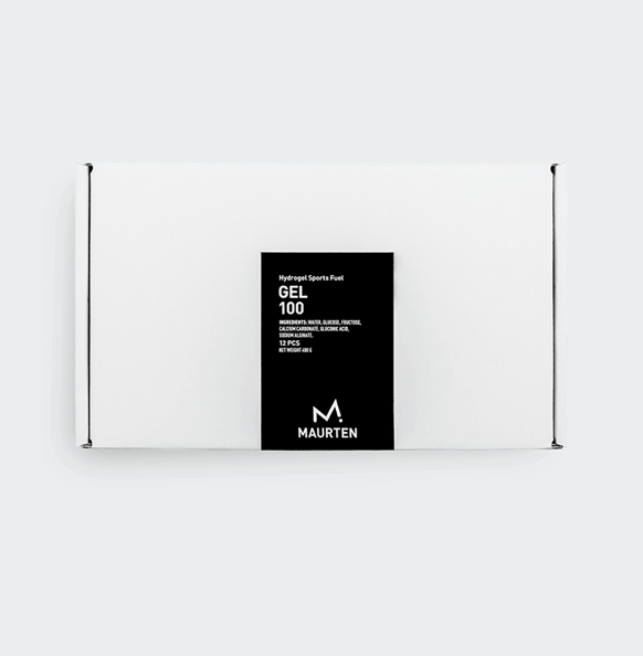 A closed box of 12 Maurten Gel 100 energy gel packets.