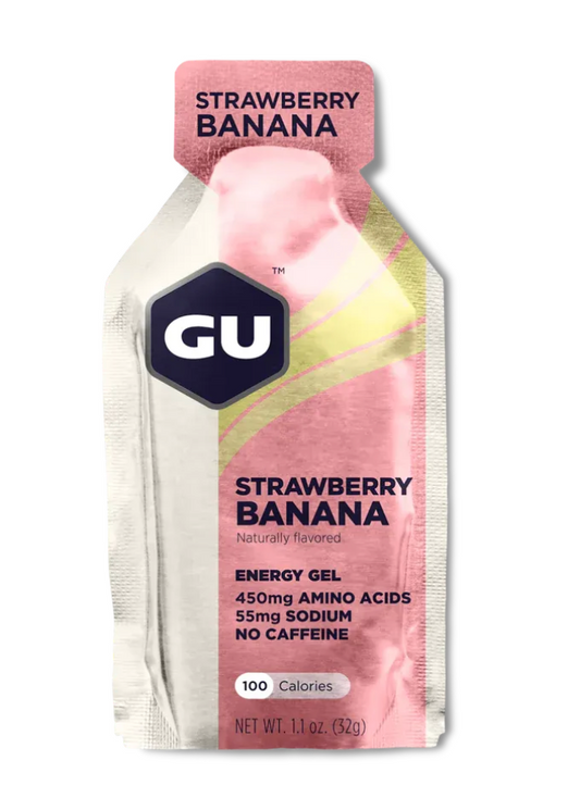 Strawberry Banana GU energy gel packaging on a white background