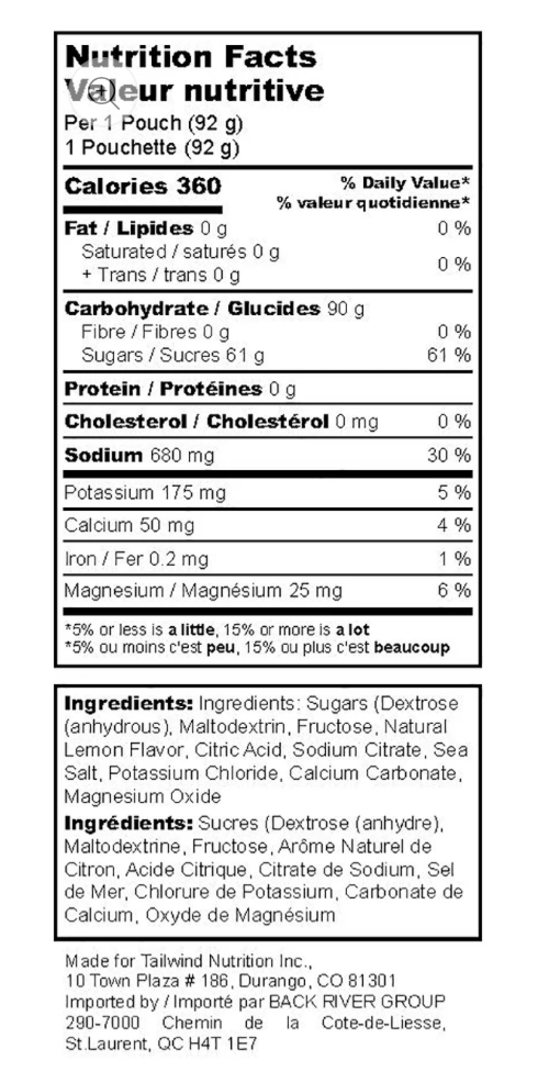 Nutrition facts label and ingredients list on a white background for Tailwind High Carb Fuel