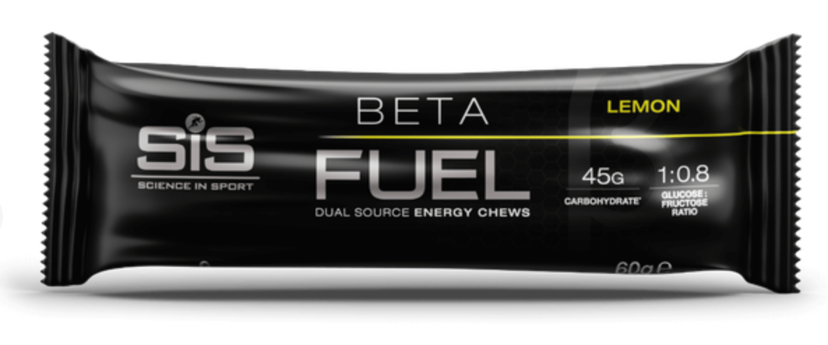 Black package of Science in Sport Beta Fuel Dual Source Lemon Flavoured Energy Chews with lemon flavor on a white background