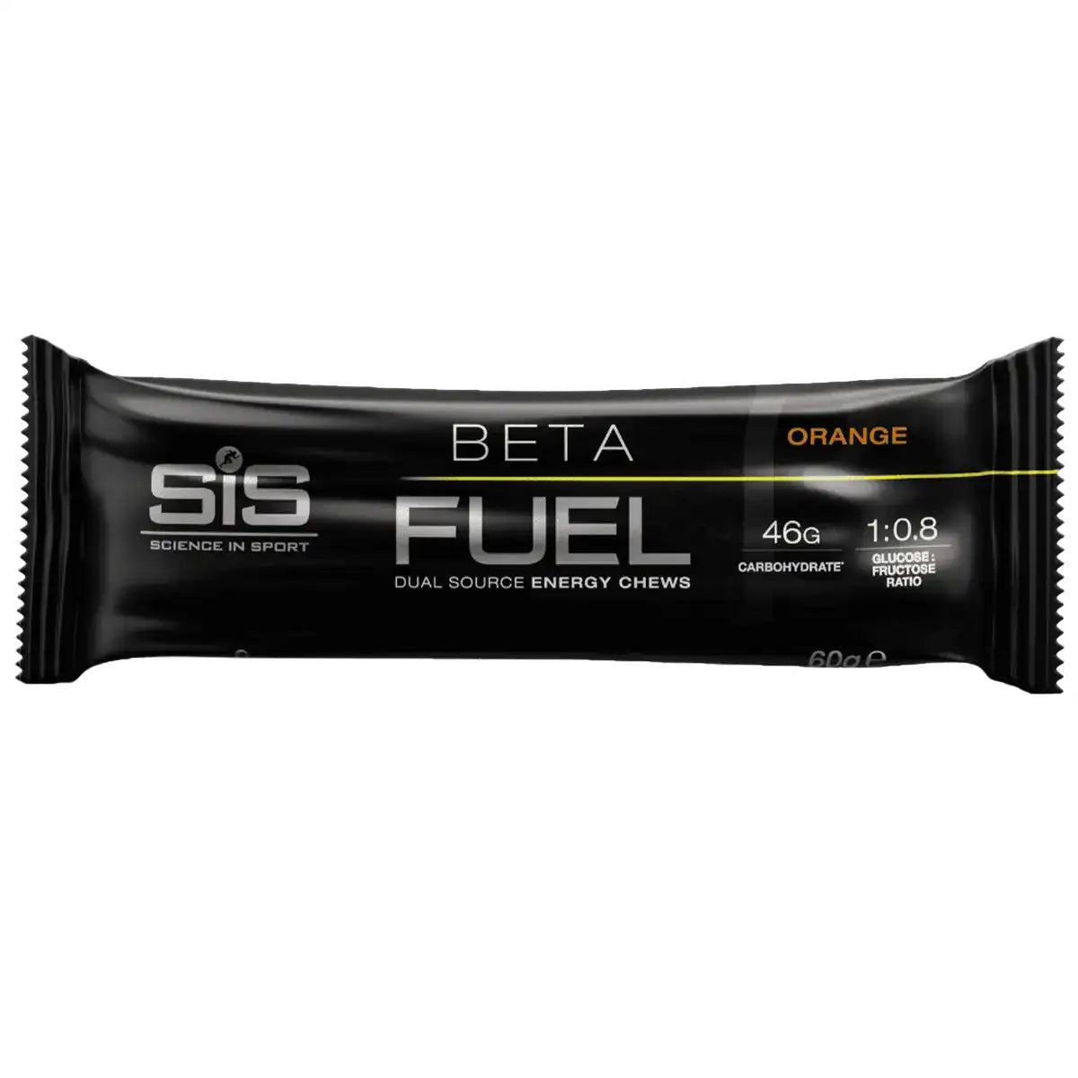 A single black SIS Beta Fuel energy chew bar in orange flavor, shown horizontally against a plain white background, available at Fuel Kit