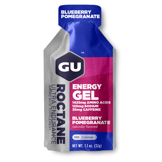 A single GU Energy Gel in Blueberry Pomegranate flavor, available at Fuel Kit.