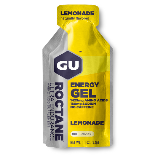 A single GU Energy Roctane Gel pouch in Lemonade flavor, available at Fuel Kit