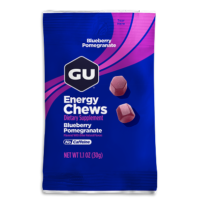 GU Energy Chews packaging for Blueberry Pomegranate flavor on a white background