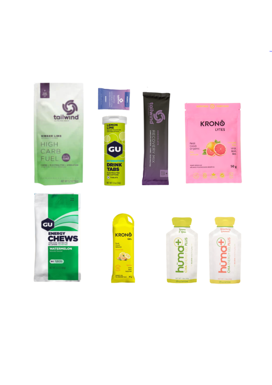 Limited Edition Spring Fuel Kit of energy snacks and drinks from various brands on a white background