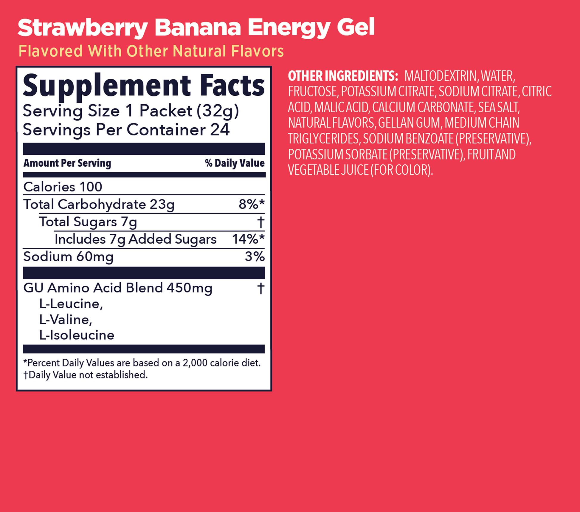 Strawberry Banana Energy Gel,  Supplement Facts label on a red background available at Fuel Kit