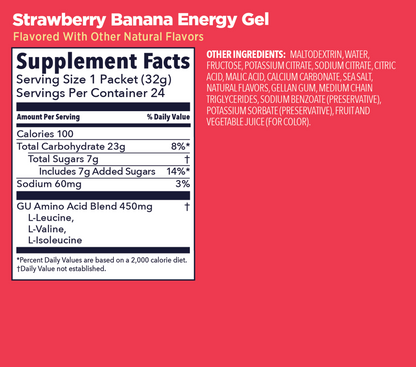 Strawberry Banana Energy Gel,  Supplement Facts label on a red background available at Fuel Kit