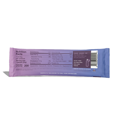 Back of packet nutrition facts of a packet of Tailwind Endurance Fuel labeled 'Berry' with a purple and white design, indicating it is a caffeine-free sports nutrition drink mix.