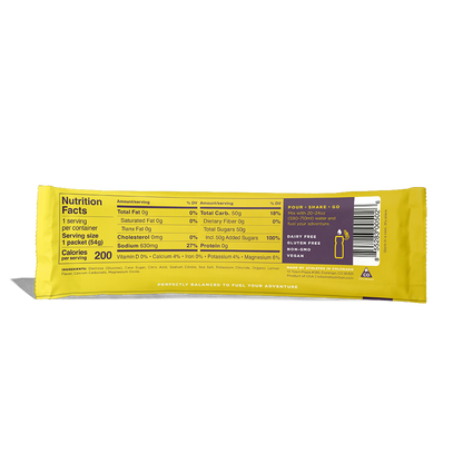 Yellow energy bar with nutrition label on a white background