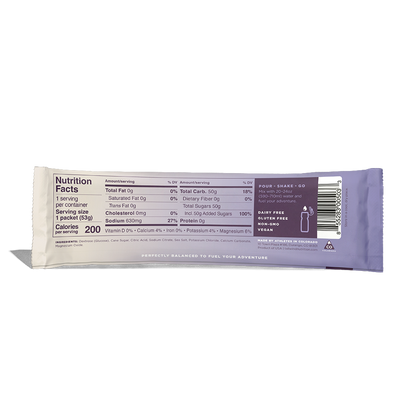 Back of packet nutrition facts of Tailwind Endurance Fuel labeled 'Naked' with a purple and white design, indicating it is a caffeine-free sports nutrition drink mix.