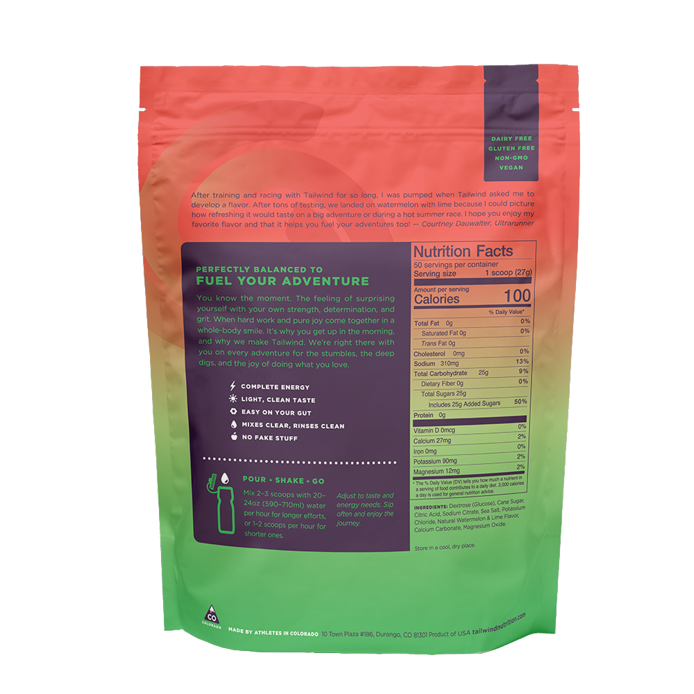 Back of bag nutrition facts for Tailwind Endurance Fuel 30 Serving Pouch of Dauwaltermelon flavor on a white background