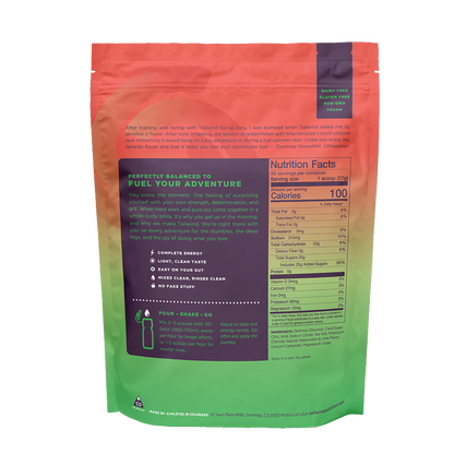 Back of bag nutrition facts for Tailwind Endurance Fuel 30 Serving Pouch of Dauwaltermelon flavor on a white background