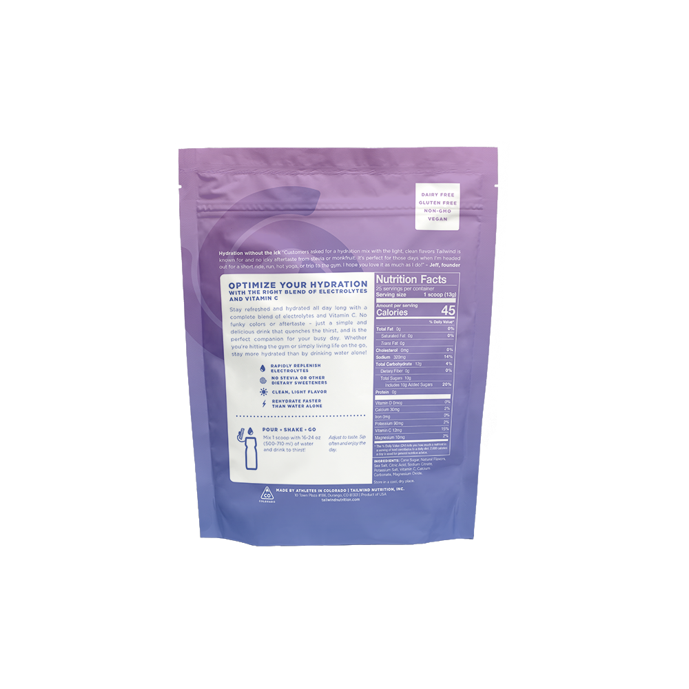 A pouch of Tailwind Rapid Hydration powder with berry flavor, back of bag nutrition facts.