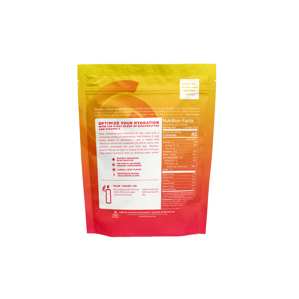 A pouch of Tailwind Rapid Hydration powder with strawberry lemonade flavor, back of bag nutrition facts.