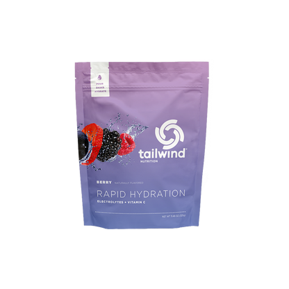 A pouch of Tailwind Rapid Hydration powder with berry flavor, designed for rapid hydration with electrolytes and Vitamin C.