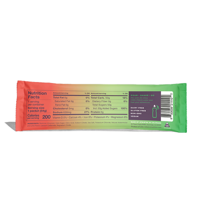 Back of packet nutrition facts of a packet of Tailwind Endurance Fuel labeled 'Dauwaltermelon' with a orange and green design, indicating it is a caffeine-free sports nutrition drink mix.