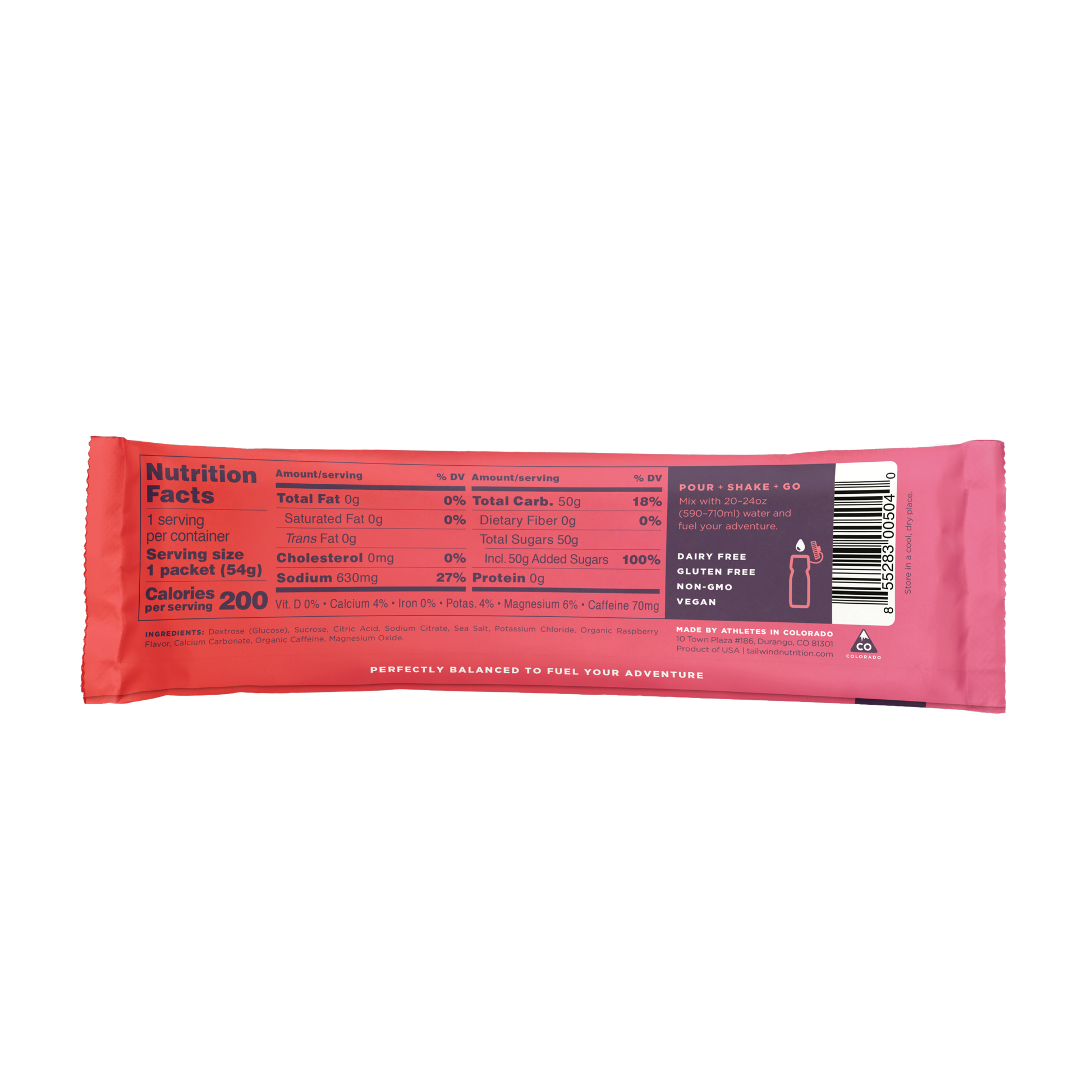 A sealed back of packet of Tailwind Endurance Fuel in raspberry flavor with the nutrition facts visible on the back.