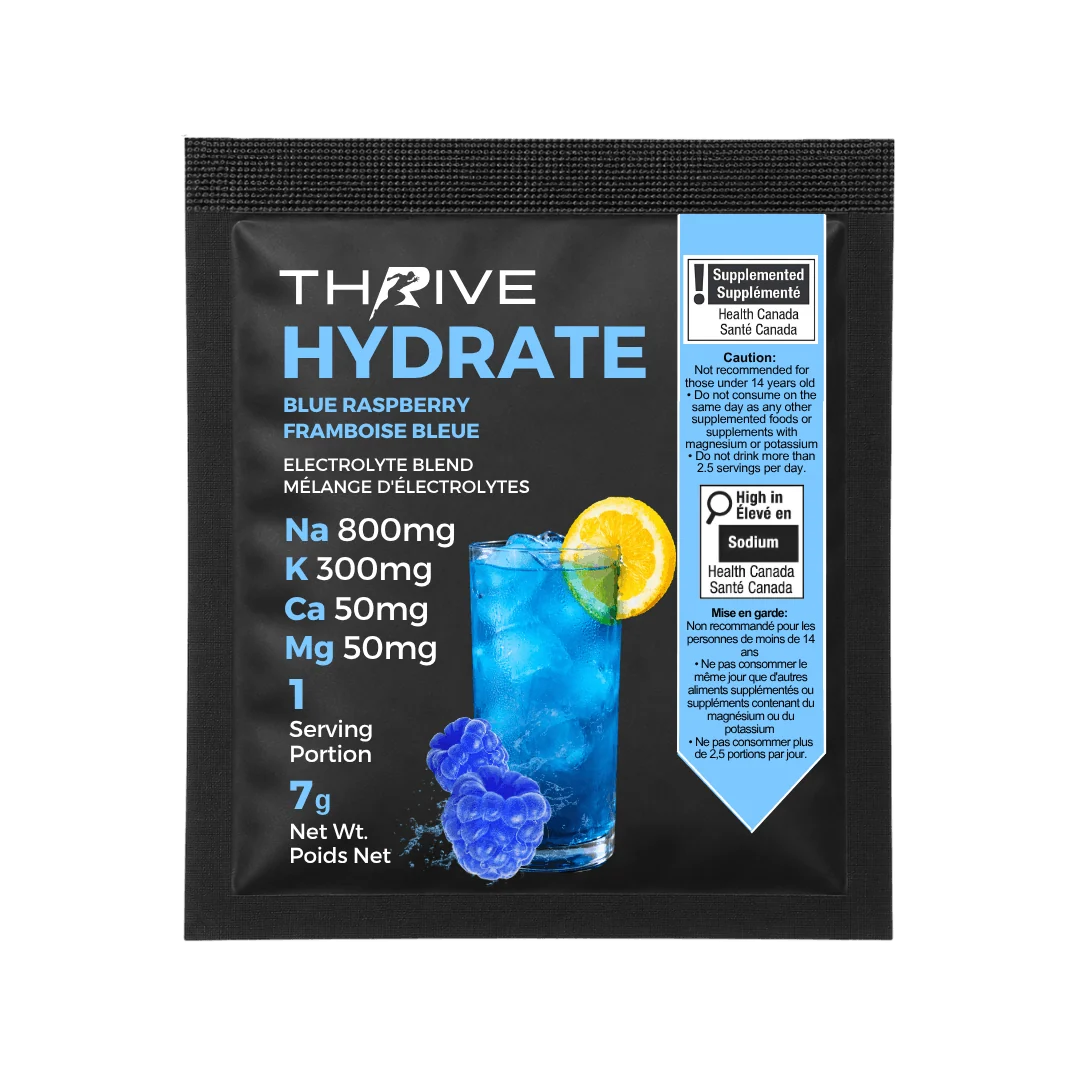 A single-serving packet of Thrive Hydrate Blue Raspberry electrolyte blend, shown on a clean white background | Fuel Kit